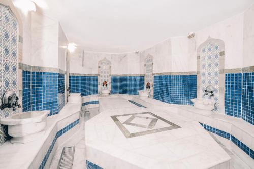 锡德Villa Side Hotel的蓝色和白色的浴室设有卫生间和水槽
