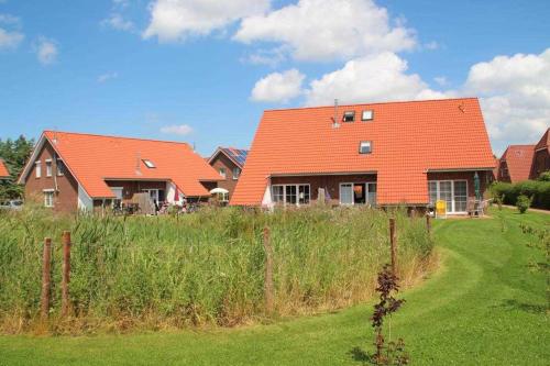 布尔哈沃Feriendorf Robbenplatte Burhave 4的绿色田野上一座带橙色屋顶的房子