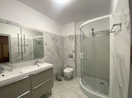 比卡兹Complex Adora的带淋浴、盥洗盆和卫生间的浴室