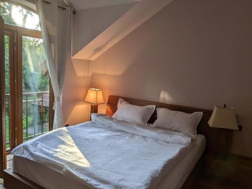 迪利然Forest的一张带白色床单和枕头的床,靠窗