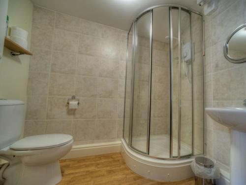 皮克林Kings Head Cottage的带淋浴、卫生间和盥洗盆的浴室
