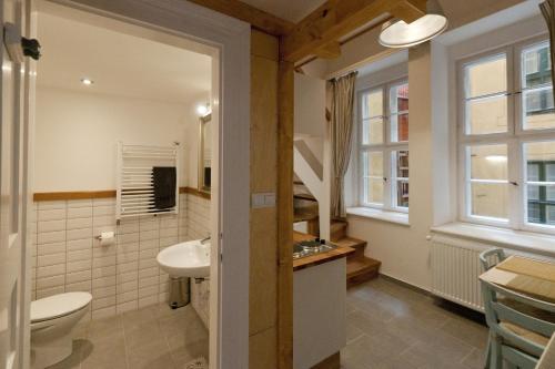 布达佩斯布达弗莱特公寓的一间带水槽和卫生间的浴室以及窗户。