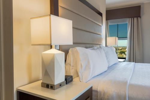 萨凡纳萨凡纳历史街区智选假日酒店的一间卧室配有一张带两张台灯的床。