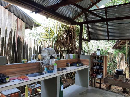 莱蒂西亚Casa do Xingú的一个带两个水槽和木墙的户外厨房