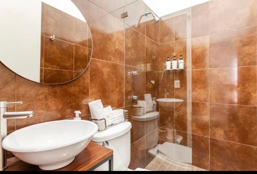 特科早特拉Suite Copal的一间带水槽、卫生间和淋浴的浴室