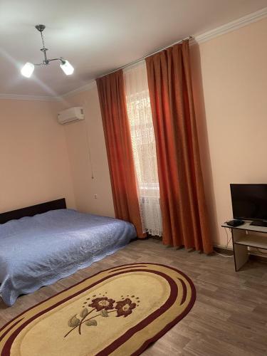 奇姆肯特Mondial apartments的一间卧室设有床、窗户和地毯。
