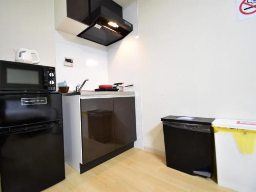 冈山Regariain - Vacation STAY 85013的厨房配有黑色冰箱和微波炉。
