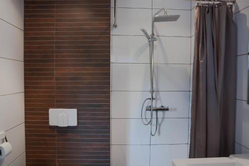帕拉马里博Mathurin Appartementen的带淋浴的浴室(带瓷砖墙)