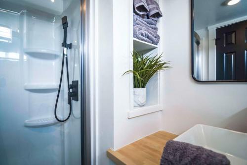 Apple ValleyNew modern & relaxing Tiny House w deck near ZION的带淋浴、盥洗盆和镜子的浴室