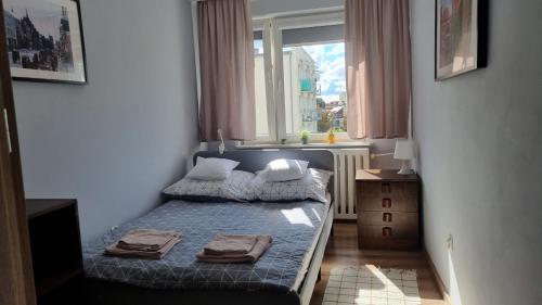 马尔堡Apartament Okno na Zamek的一间小卧室,配有床和窗户