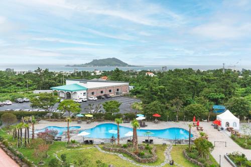济州市Hallim Resort的享有度假村游泳池的空中景致