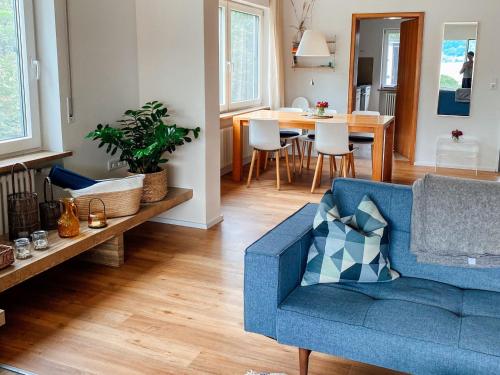 赖兴瑙Ferienwohnung Findling的客厅配有蓝色的沙发和桌子