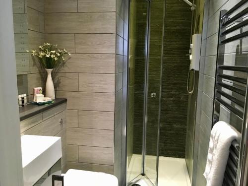 卡莱尔卡切富旅馆的带淋浴、卫生间和盥洗盆的浴室