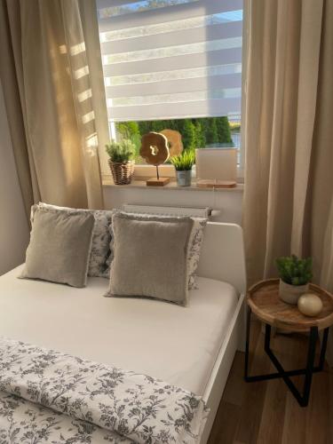 斯塔加德什切青Apartament Stella Park的窗户和桌子的房间的一张床位