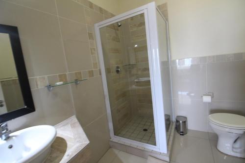 乌旺戈海滩Saints View Resort Unit 9的带淋浴、卫生间和盥洗盆的浴室