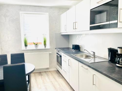 艾森纳赫Ferienwohnung Appartamento Da Vinci的厨房配有白色橱柜、水槽和桌子