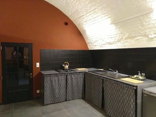 维尔雅尔姆La Poudrière : lieu insolite, havre de paix的厨房配有水槽和带炉灶的台面