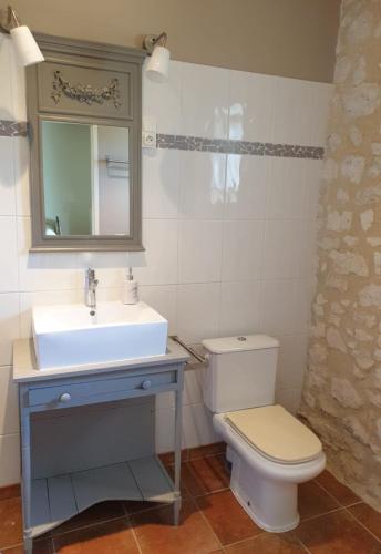 Conne-de-LabardeChambre d'hôte La Pierre的一间带水槽、卫生间和镜子的浴室