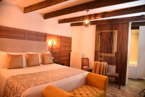 锡帕基拉卡斯科瑞酒店的一间卧室,卧室内配有一张床和一把椅子