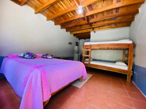 蒙泰韦尔德哥斯达黎加拉苏艾特住宿加早餐旅馆的一间卧室设有一张床和木制天花板