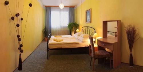 赫拉尼采Hotel Cementář的一间卧室配有一张床、一张书桌和一面镜子