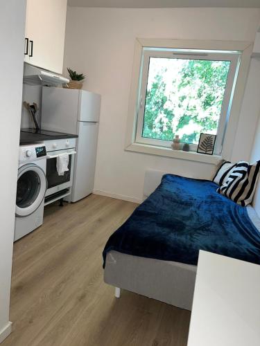 奥斯陆Leilighet i Gamle Oslo的一间小卧室,配有床和窗户