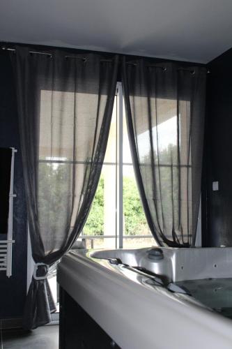 丰特奈勒孔特Althéa, gîte de charme et bien être的厨房配有带窗帘和水槽的窗户。