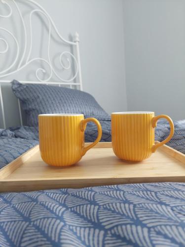 库尔迪加Pigeon apartment的床上木盘上放两个橙色的杯子