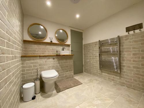 阿斯顿尖塔Candlewick Cottage的浴室设有卫生间,墙上设有两面镜子。