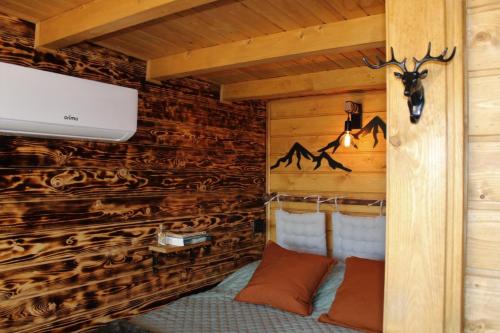 阿尔库什迪瓦尔德维什Lagoon Tiny House的小木屋内的房间,配有一张床和一台电视