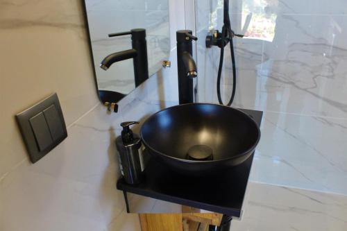 阿尔库什迪瓦尔德维什Lagoon Tiny House的浴室内的一个黑色水槽,配有镜子