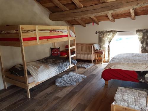 Saint-AppolinaireLe domaine des Terres的铺有木地板的客房内配有两张双层床。