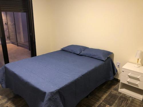 梅塞德斯Apartamento céntrico 3 Edificio picazzo en Mercedes Uruguay的一间卧室配有一张带蓝色床单和镜子的床