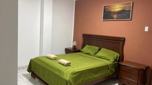 曼塔Flavio Reyes的一间卧室配有绿床和2条毛巾