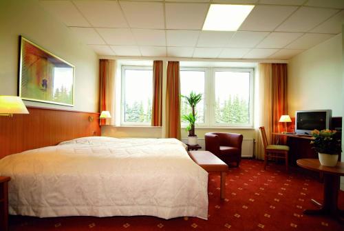 吕贝克旅行者酒店的酒店客房设有一张床、一张书桌和窗户。