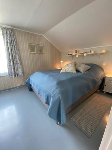 斯沃尔韦尔Unique and charming house at the foot of Lofoten's highest mountain的一间卧室设有蓝色的床和窗户。
