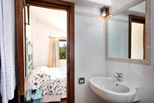 切尔沃港卡普里乔利公寓的一间带水槽和镜子的浴室以及一张床