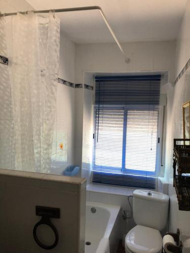 曼西利亚德拉斯穆拉斯Casa Belia的一间带卫生间和浴缸的浴室以及窗户。