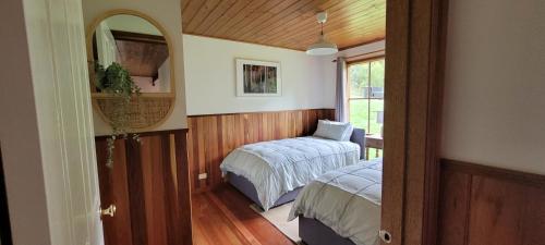 阿波罗湾Tall Trees Eco Retreat的一间卧室配有一张床、镜子和窗户