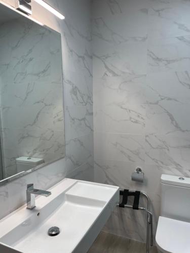 AbaránAureo Alojamiento Urbano的白色的浴室设有水槽和镜子