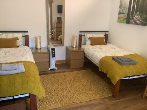 牛津Sunnyside Annexe的一间卧室配有两张床和镜子