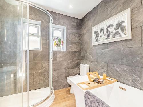 贝克韦尔Spa Cottage的带淋浴、卫生间和盥洗盆的浴室
