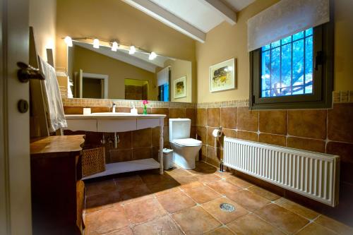 KaraḯskosVilla Jasmine的一间带水槽、卫生间和镜子的浴室