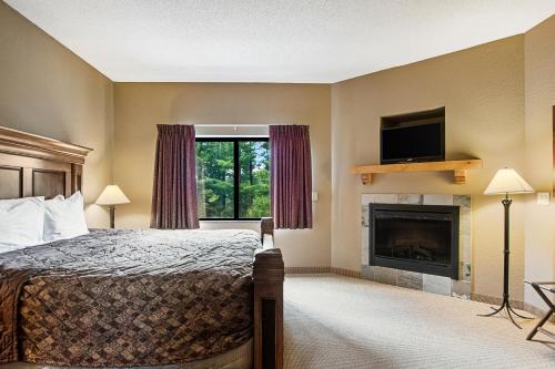 威斯康星戴尔Chula Vista Condo Unit #2323的酒店客房配有一张床和一个壁炉。