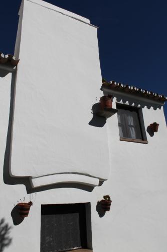 蒙萨拉什Casa Dom Dinis的白色的建筑,有两扇窗户和盆栽植物