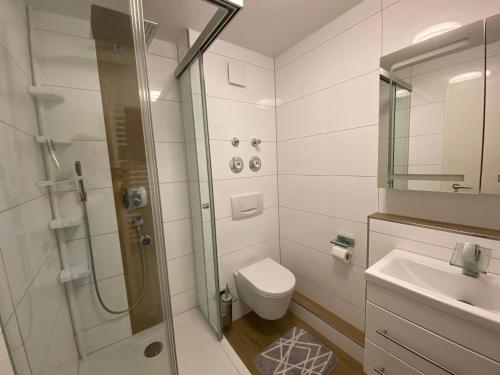 LaufApartement König的带淋浴、卫生间和盥洗盆的浴室