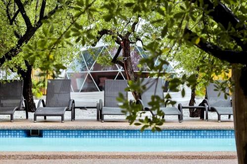 锡基霍尔Aquamare Beach Camp Resort的一组椅子坐在游泳池旁