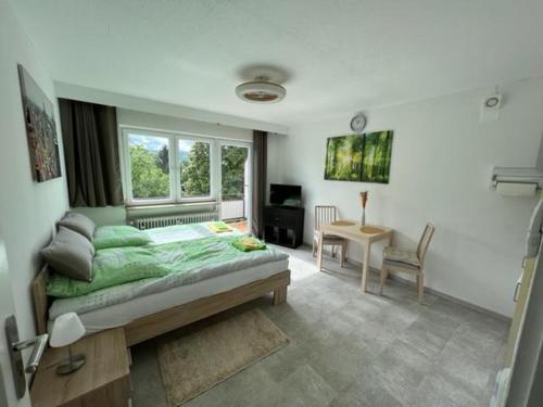 斯图加特Ruhiges und klimatisiertes Apartment的一间卧室配有一张床、一张书桌和一个窗户。