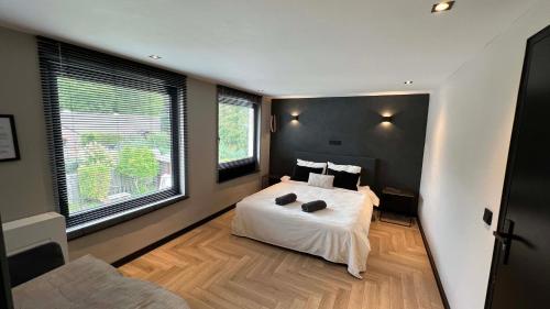 法尔肯堡Bed & Breakfast 'Le Faucon'的卧室配有白色的床和2扇窗户。