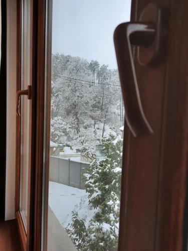库塔伊西Hotel Good Luck的从雪覆盖的院子的窗户上可欣赏到风景